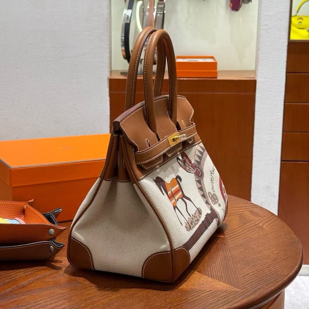 Hermès Canvas & Leather Tote Bag with Equestrian Print