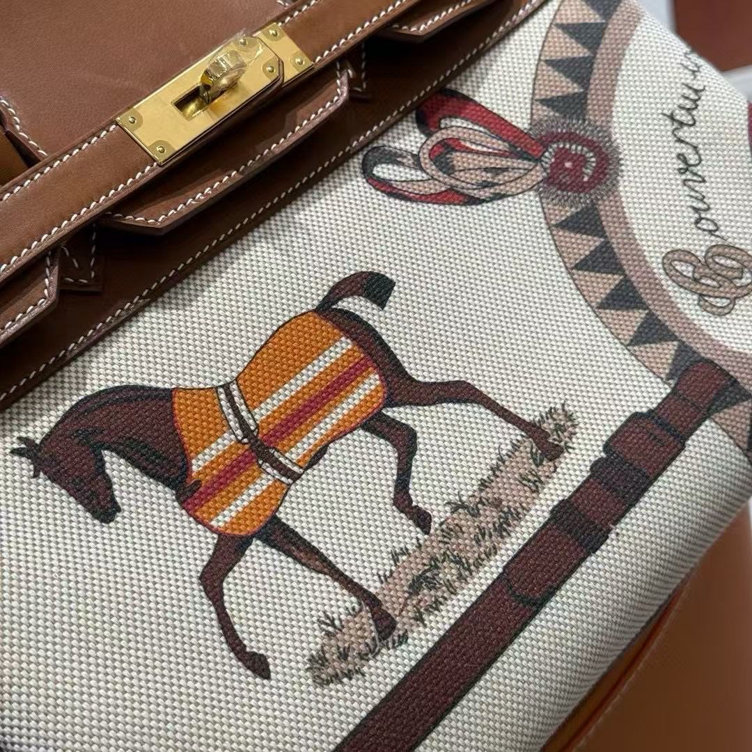 Hermès Canvas & Leather Tote Bag with Equestrian Print