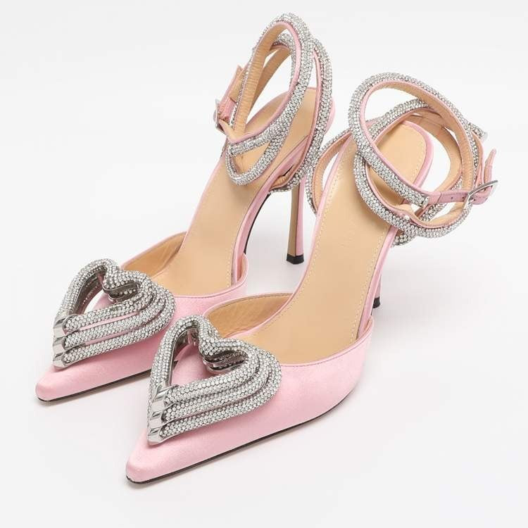 Amina Muaddi-Inspired Crystal Heart Satin Pumps / Crystal Embellished Heart-Toe Heels