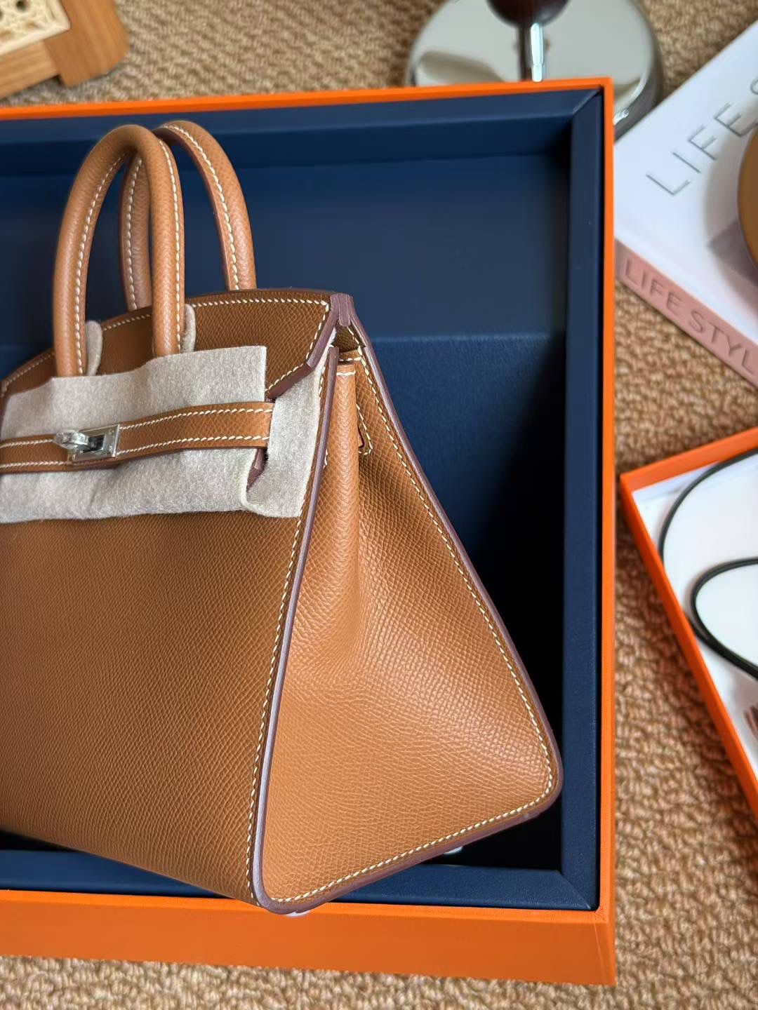 Structured Textured Leather Tote Bag with Contrast Stitching