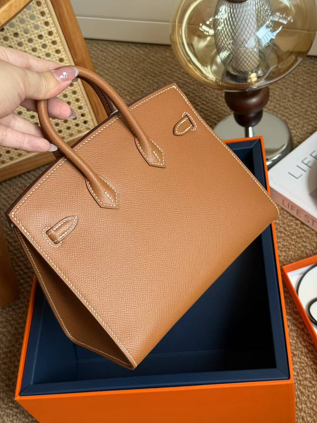 Structured Textured Leather Tote Bag with Contrast Stitching