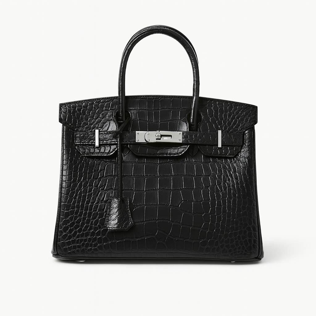 Structured Glossy Croc-Embossed Leather Tote Bag