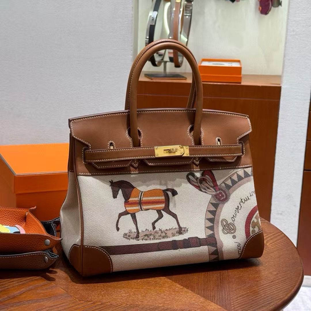 Hermès Canvas & Leather Tote Bag with Equestrian Print