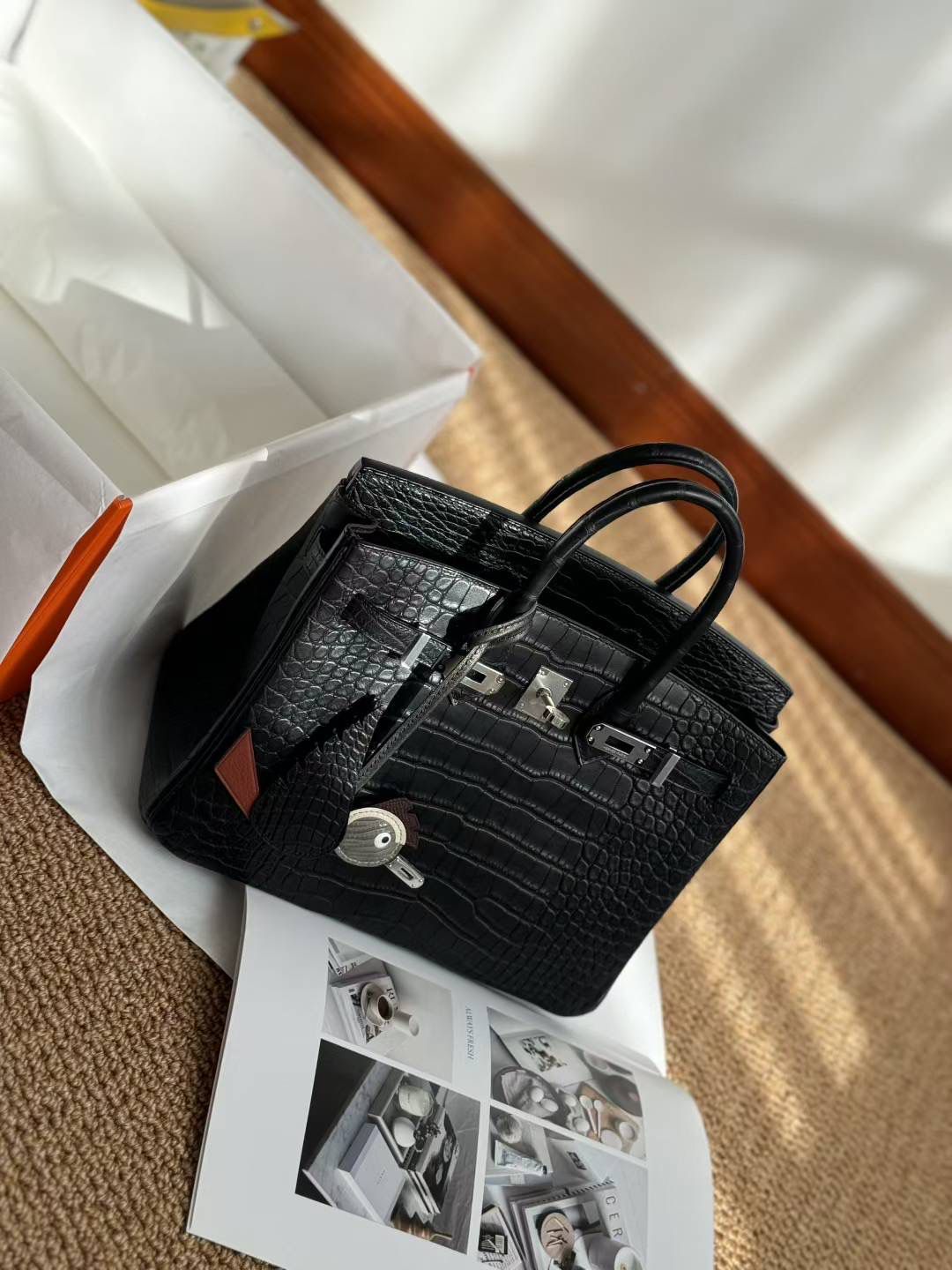 Structured Glossy Croc-Embossed Leather Tote Bag