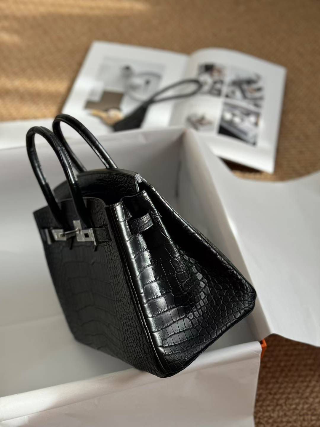 Structured Glossy Croc-Embossed Leather Tote Bag