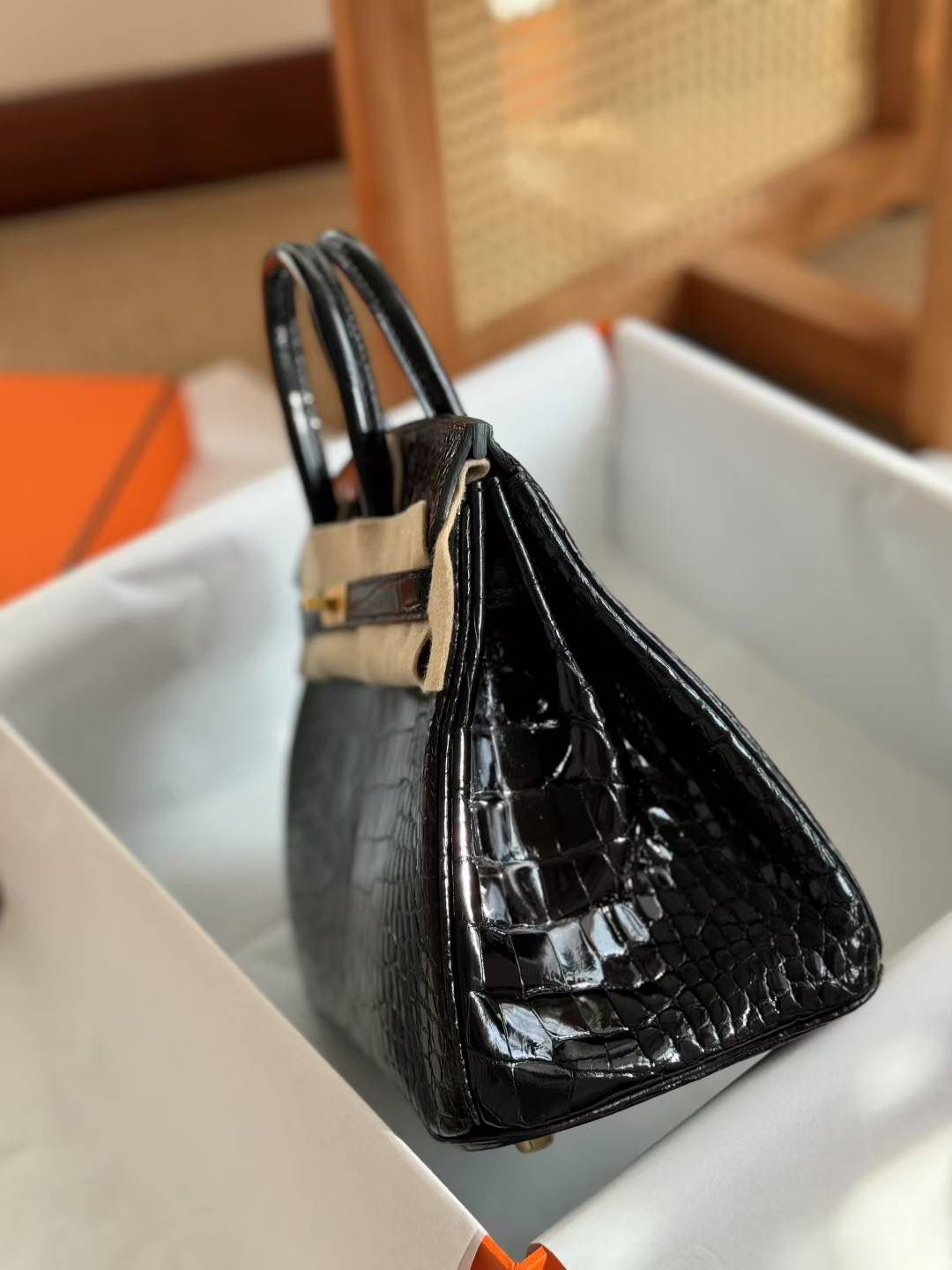 Structured Glossy Croc-Embossed Leather Tote Bag