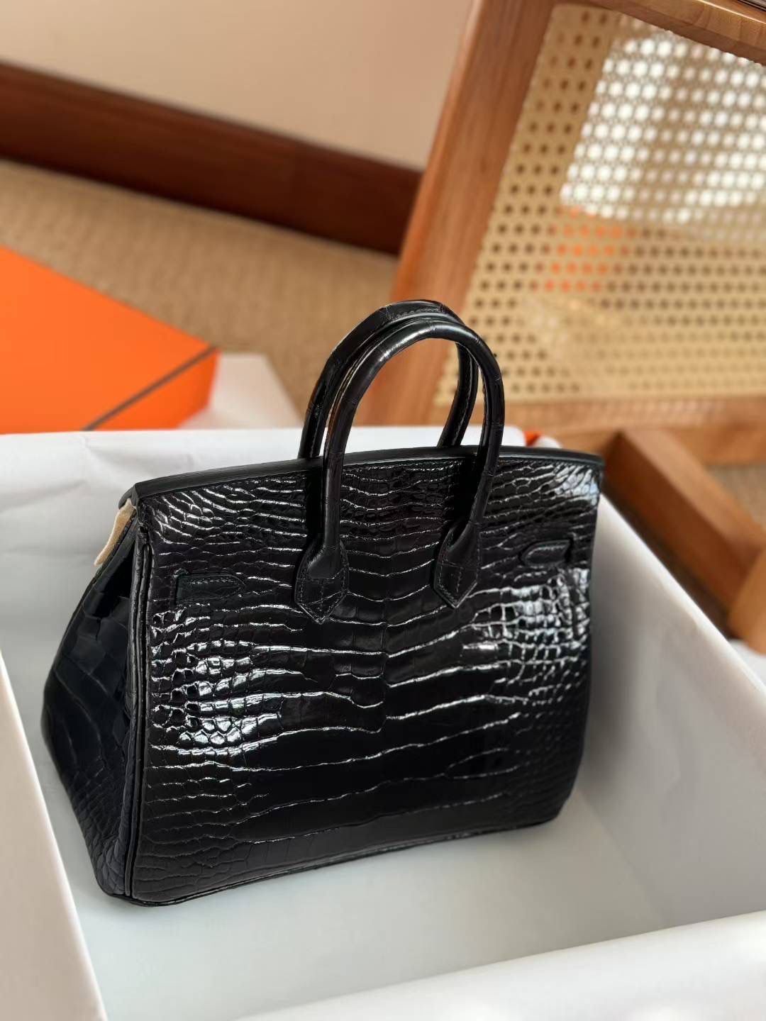 Structured Glossy Croc-Embossed Leather Tote Bag